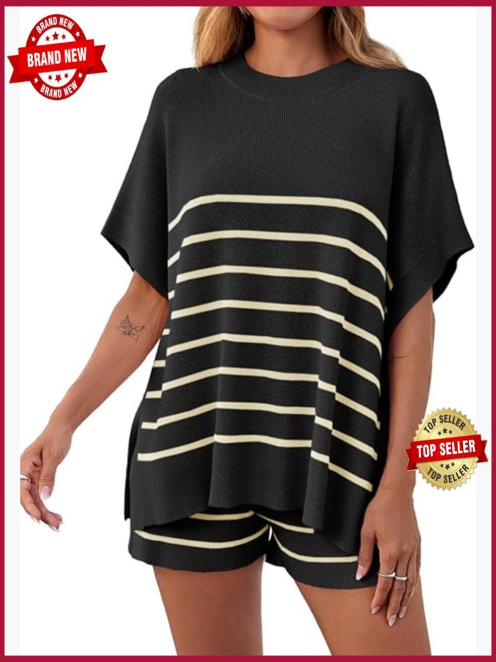 Striped 2 Piece Outfits Oversized Batwing Top High Waisted Shorts Lounge Set